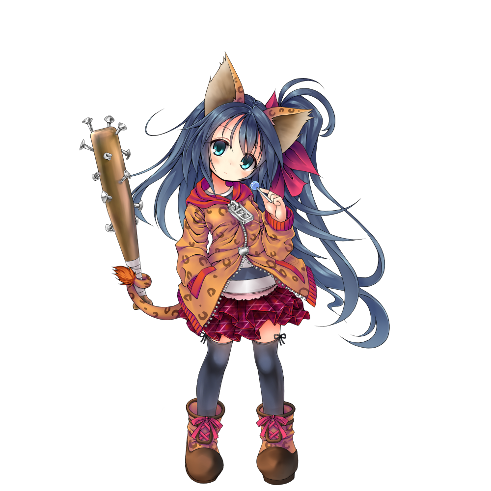 1girl animal_ears balulu_alma bangs baseball_bat black_hair black_legwear blue_eyes blush boots brown_footwear brown_jacket candy closed_mouth emil_chronicle_online eyebrows_visible_through_hair food full_body hair_ribbon hand_in_pocket hand_up head_tilt holding holding_candy holding_food holding_lollipop hood hood_down hooded_jacket jacket layered_skirt lollipop long_hair long_sleeves looking_at_viewer maou_mikage nail nail_bat one_side_up pink_ribbon plaid plaid_skirt pleated_skirt prehensile_tail purple_skirt red_ribbon ribbon shirt simple_background skirt solo standing striped striped_shirt tail thigh-highs unmoving_pattern very_long_hair white_background