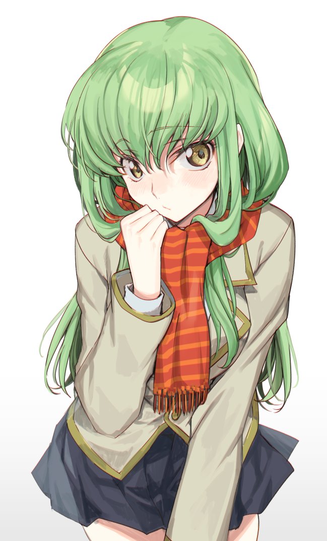 1girl bangs black_skirt c.c. closed_mouth code_geass cowboy_shot creayus enpera eyebrows_visible_through_hair green_hair grey_jacket jacket leaning_forward long_hair long_sleeves looking_at_viewer miniskirt pleated_skirt red_scarf scarf school_uniform simple_background skirt solo striped striped_scarf very_long_hair white_background yellow_eyes