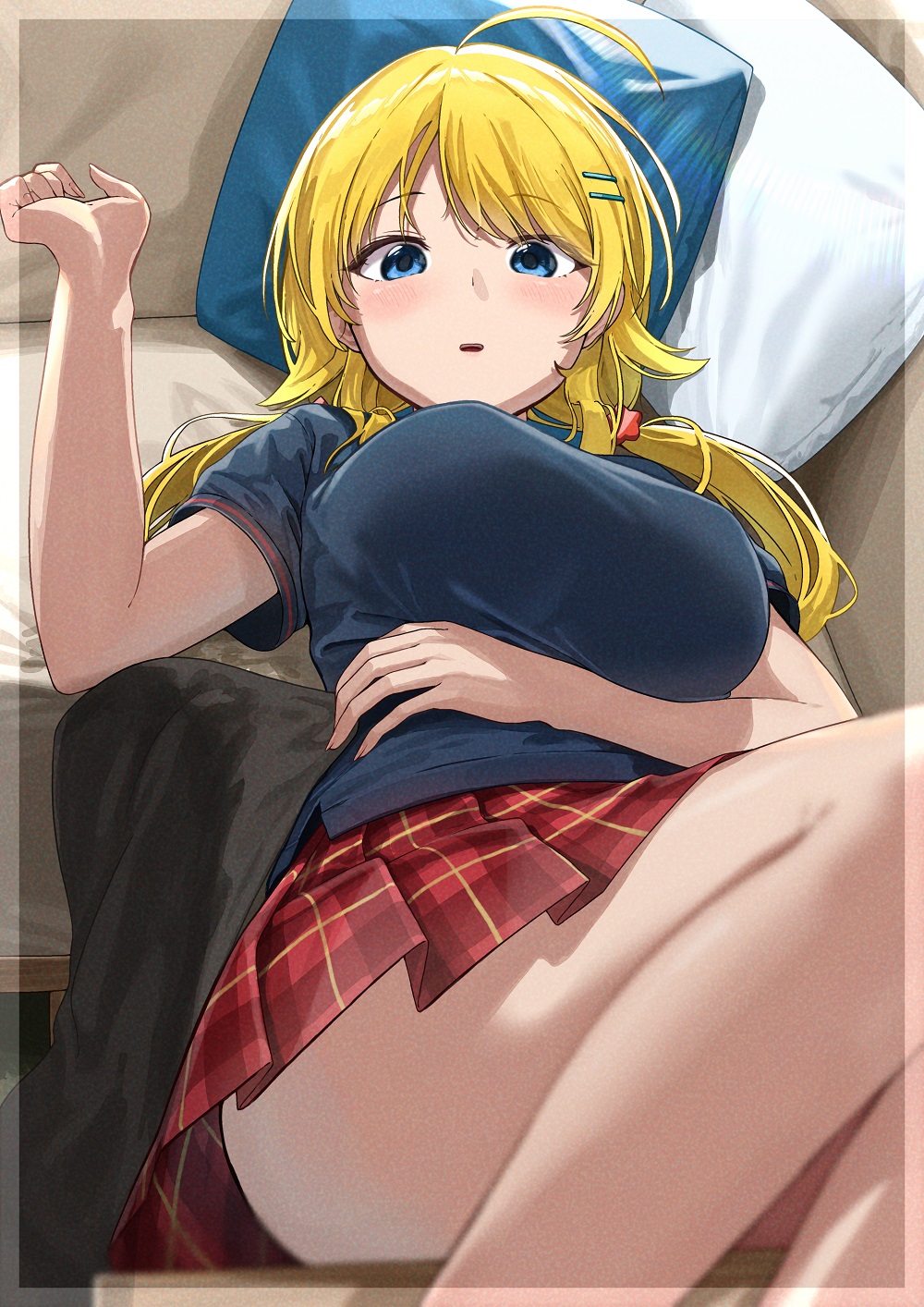 1girl ahoge black_shirt blonde_hair blue_eyes breasts commentary_request couch hachimiya_meguru hair_ornament hairclip highres idolmaster idolmaster_shiny_colors knees_up large_breasts looking_at_viewer low_twintails lying miniskirt noeru on_back pillow plaid plaid_skirt pleated_skirt polo_shirt red_skirt shirt short_sleeves skirt solo thighs twintails