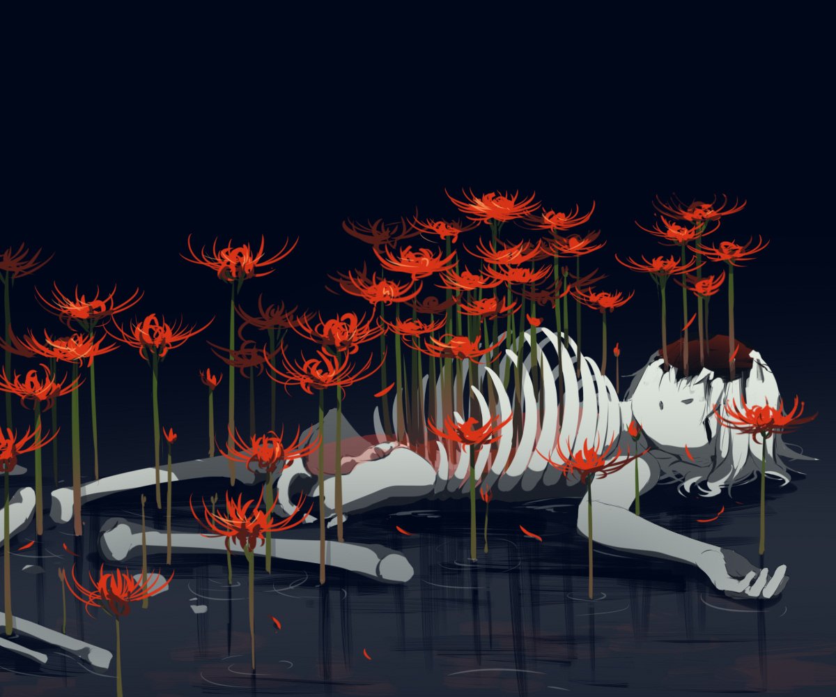 1boy avogado6 corpse cracked_skin death flower lying male_focus on_back original red_flower red_theme short_hair skeleton solo spider_lily water white_hair white_skin