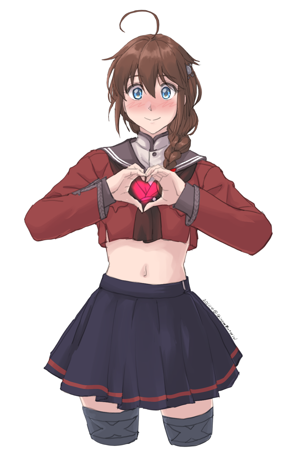 1girl ahoge black_skirt blue_eyes braid brown_hair commentary_request cowboy_shot crop_top cropped_legs dress grey_sailor_collar hair_flaps hair_ornament hair_over_shoulder heart heart_hands highres kantai_collection looking_at_viewer midriff navel pleated_skirt red_shirt remodel_(kantai_collection) sailor_collar sailor_dress shigure_(kantai_collection) shirt simple_background single_braid skirt solo sozan standing thigh-highs white_background