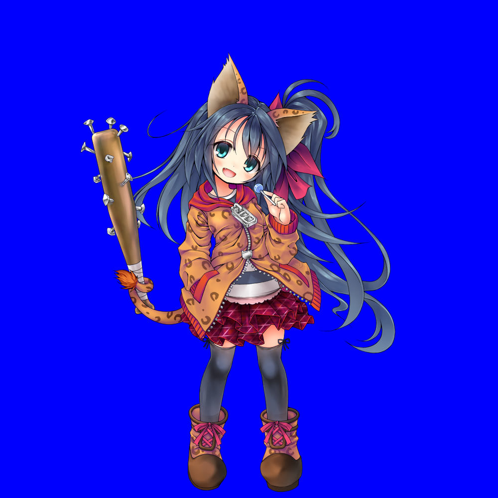 1girl :d animal_ears balulu_alma bangs baseball_bat black_hair black_legwear blue_background blue_eyes blush boots brown_footwear brown_jacket candy emil_chronicle_online eyebrows_visible_through_hair fang food full_body hair_ribbon hand_in_pocket hand_up head_tilt holding holding_candy holding_food holding_lollipop hood hood_down hooded_jacket jacket layered_skirt lollipop long_hair long_sleeves looking_at_viewer maou_mikage nail nail_bat one_side_up open_mouth pink_ribbon plaid plaid_skirt pleated_skirt prehensile_tail purple_skirt red_ribbon ribbon shirt simple_background skirt smile solo standing striped striped_shirt tail thigh-highs unmoving_pattern very_long_hair