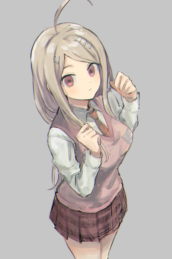 1girl ahoge akamatsu_kaede bangs beamed_eighth_notes blonde_hair breasts clenched_hands closed_mouth collared_shirt commentary_request cowboy_shot dangan_ronpa eighth_note expressionless from_above grey_background hair_ornament hands_up large_breasts long_hair long_sleeves looking_at_viewer miniskirt musical_note musical_note_hair_ornament necktie new_dangan_ronpa_v3 parted_bangs pink_eyes pink_sweater_vest pleated_skirt print_skirt school_uniform shirt simple_background skirt smile solo sweater_vest usirome white_shirt