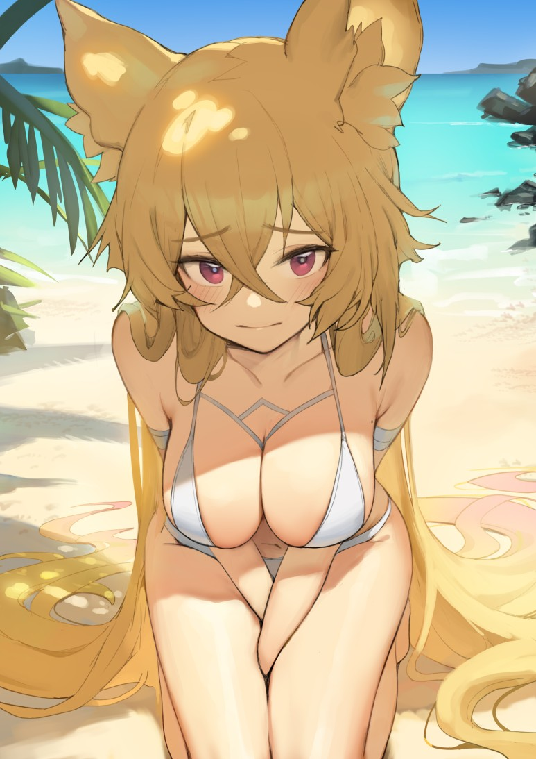 animal_ears blonde_hair breasts dungeon_and_fighter fox_ears kaiser_(myeonggihusband) large_breasts romana swimsuit
