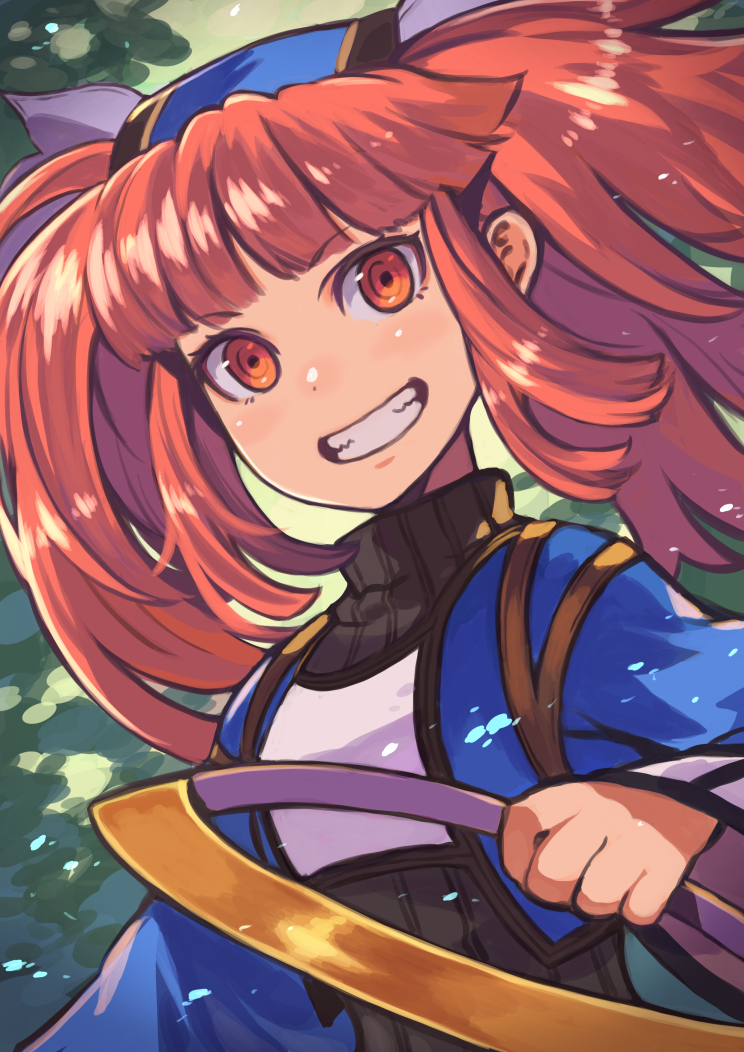 1girl bangs chakram dewprism eyebrows_visible_through_hair grin holding holding_weapon long_hair long_sleeves looking_at_viewer mint_(dewprism) red_eyes redhead rumie sidelocks smile solo teeth turtleneck twintails upper_body weapon wide_sleeves