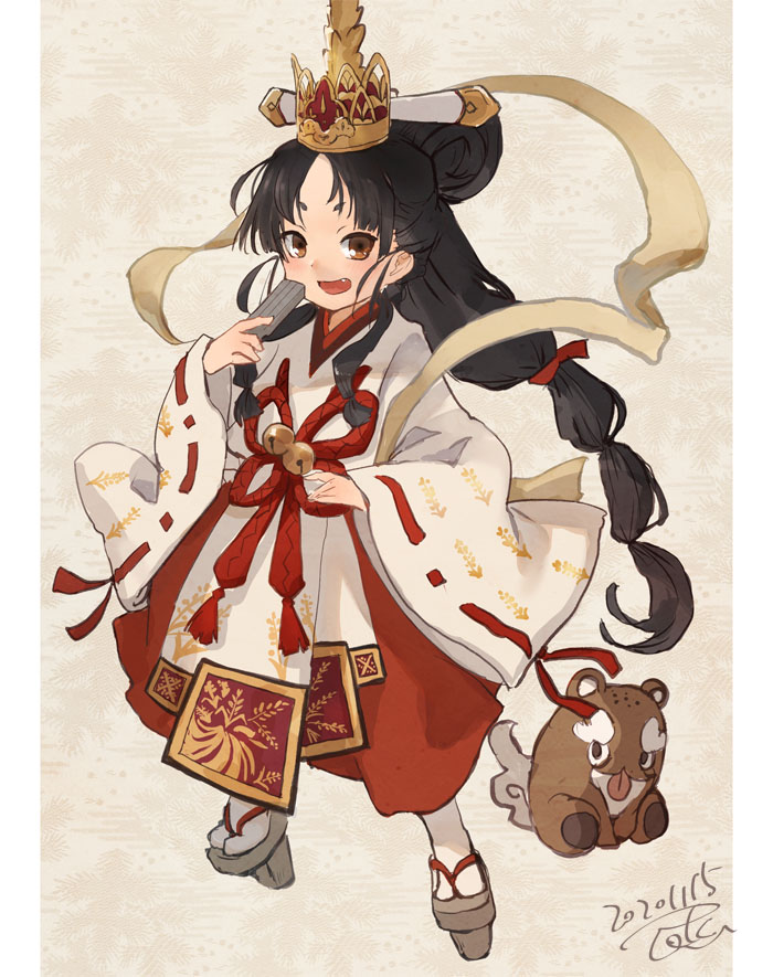 1girl alternate_costume animal bell black_hair bokukawauso brown_eyes crown dated fang full_body hair_bun hair_ribbon headgear holding japanese_clothes jingle_bell kantai_collection kimono long_hair long_sleeves miko multi-tied_hair nisshin_(kantai_collection) open_mouth otter ribbon ribbon-trimmed_sleeves ribbon_trim sandals short_eyebrows signature simple_background tabi tensui_no_sakuna-hime toka_(marchlizard) wide_sleeves