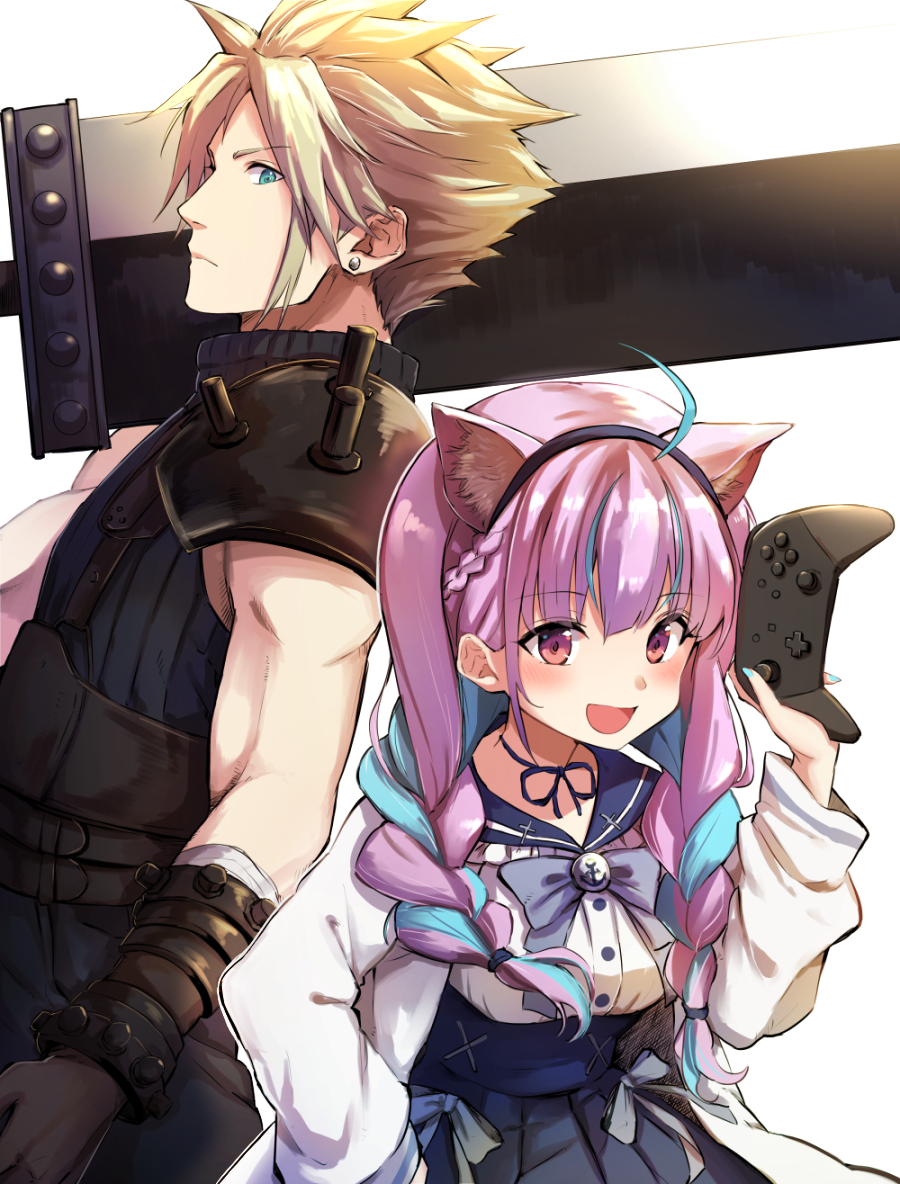 1boy 1girl :d ahoge anchor_symbol animal_ear_fluff animal_ears bangs black_gloves black_hairband black_shirt blonde_hair blue_bow blue_eyes blue_hair blue_sailor_collar blue_skirt bow braid breasts buster_sword cat_ears cloud_strife commentary_request controller crossover earrings eyebrows_visible_through_hair final_fantasy final_fantasy_vii game_controller gloves hair_over_shoulder hairband hand_up holding hololive jacket jewelry long_hair medium_breasts minato_aqua multicolored_hair open_clothes open_jacket open_mouth over_shoulder pleated_skirt purple_hair red_eyes sailor_collar shirt simple_background skirt sleeveless sleeveless_shirt smile spiky_hair stud_earrings summer_tail720 sword sword_over_shoulder twin_braids twintails two-tone_hair virtual_youtuber weapon weapon_over_shoulder white_background white_jacket white_shirt