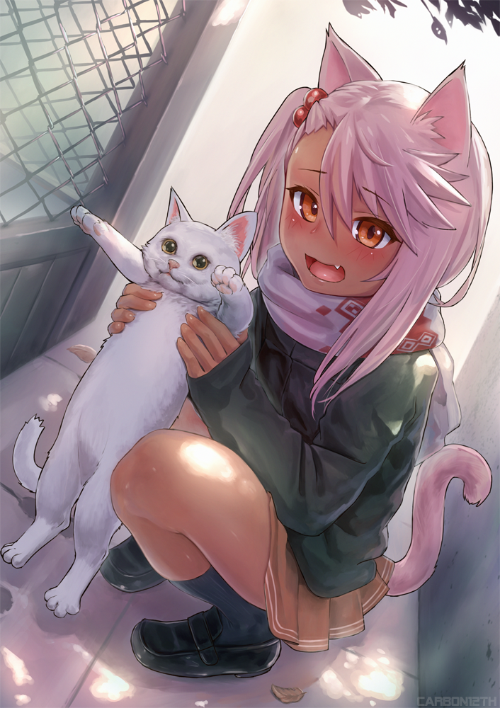 1girl animal animal_ears bangs black_footwear black_legwear blush carbon12th cat cat_ears cat_tail chloe_von_einzbern dark_skin eyebrows_visible_through_hair fang fate/grand_order fate/kaleid_liner_prisma_illya fate_(series) hair_between_eyes hair_bobbles hair_ornament kneehighs loafers long_hair long_sleeves looking_at_viewer one_side_up open_mouth outdoors pink_hair pleated_skirt scarf shoes skirt smile solo squatting tail