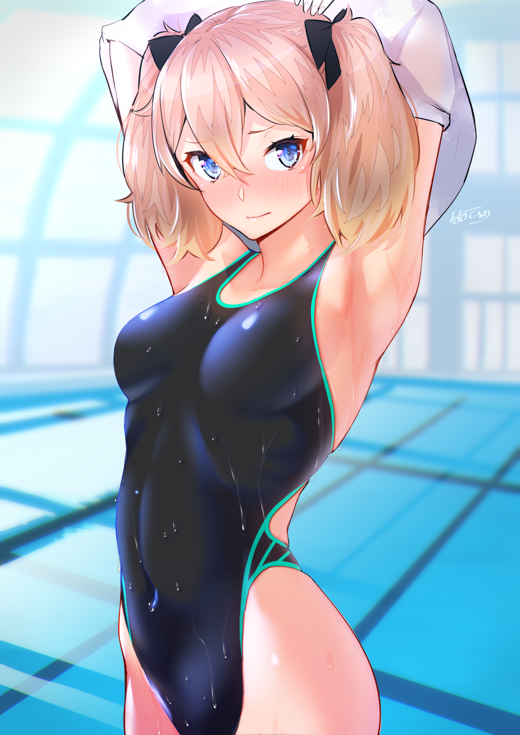 1girl armpits arms_up blonde_hair blue_eyes blurry blurry_background blush bow breasts closed_mouth competition_swimsuit covered_navel depth_of_field hair_between_eyes hair_bow highres indoors medium_breasts nanahime one-piece_swimsuit original poolside solo swimsuit twintails undressing wet