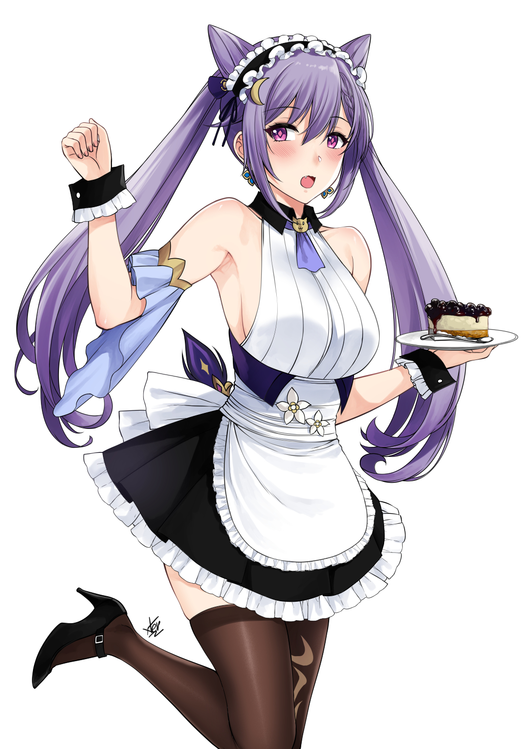 1girl apron arm_up bare_shoulders black_legwear blush breasts cake double_bun dress food genshin_impact hair_ornament half-closed_eyes high_heels highres keqing_(genshin_impact) maid maid_apron maid_headdress open_mouth plate purple_hair sideboob simple_background sleeveless sleeveless_dress solo thigh-highs twintails violet_eyes white_background xtermination