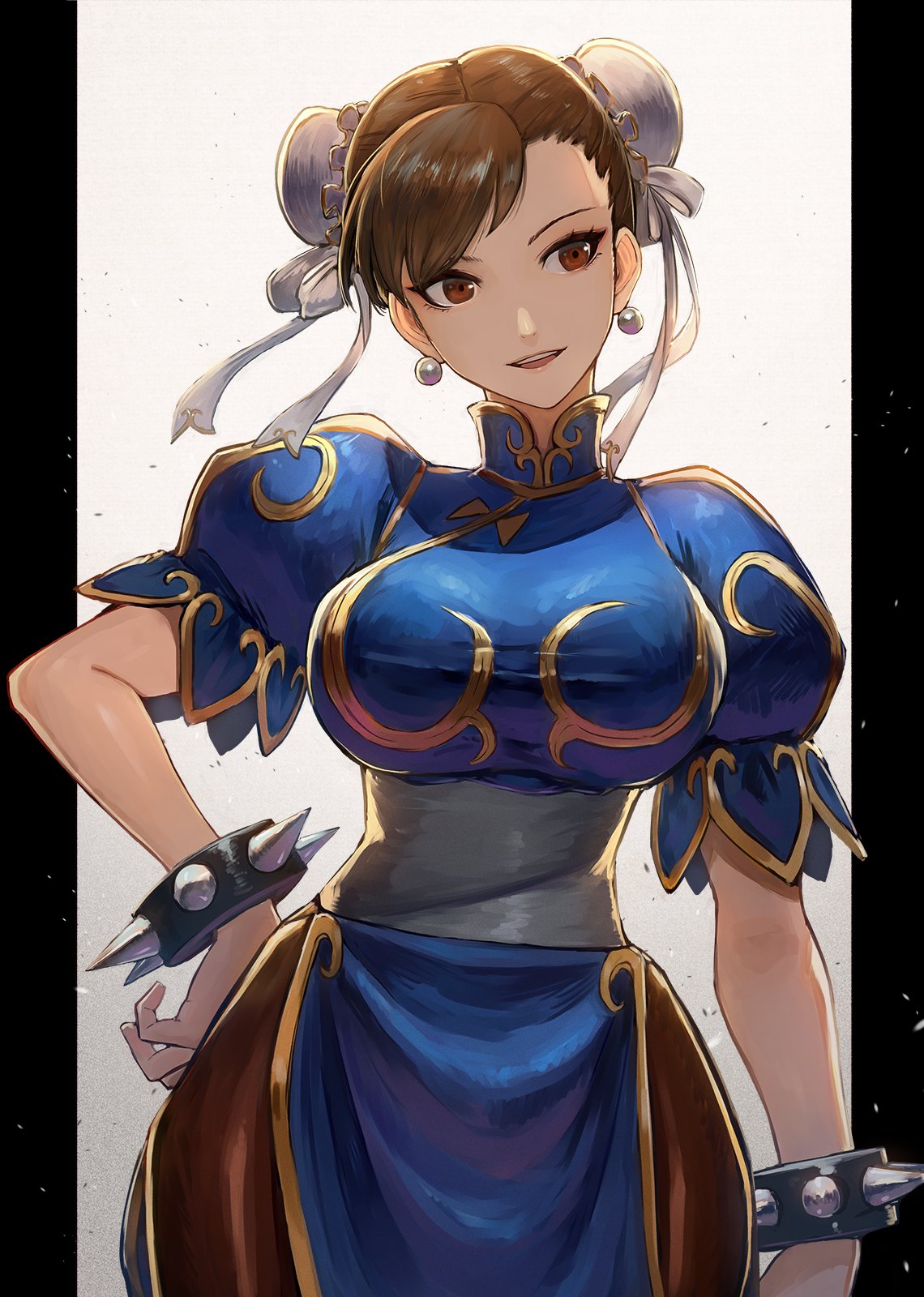 1girl bangs bracelet breasts brown_eyes brown_hair china_dress chinese_clothes chun-li commentary_request double_bun dress earrings gradient gradient_background hair_ornament hand_on_hip highres jewelry kuroi_susumu lips looking_to_the_side medium_breasts open_mouth pantyhose pelvic_curtain puffy_short_sleeves puffy_sleeves shiny shiny_hair short_sleeves simple_background smile solo spiked_bracelet spikes street_fighter tied_hair turtleneck