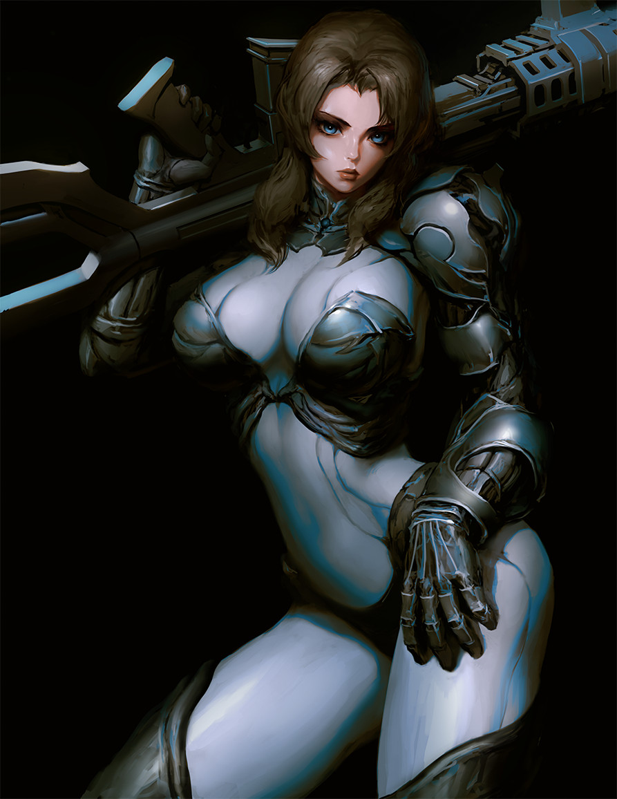 1girl armored_bodysuit armored_boots bangs black_background blue_eyes boots breasts brown_hair gun hand_on_own_thigh holding holding_gun holding_weapon infi large_breasts leaning original over_shoulder power_armor science_fiction skin_tight solo thick_lips v-shaped_eyebrows weapon