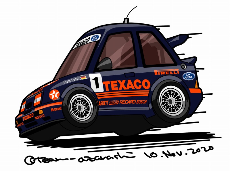 car dated ford ford_sierra german_flag ground_vehicle motor_vehicle no_humans number original race_vehicle racecar radio_antenna shadow side_mirror signature spoiler_(automobile) sponsor team_azarashi tire twitter_username wheel