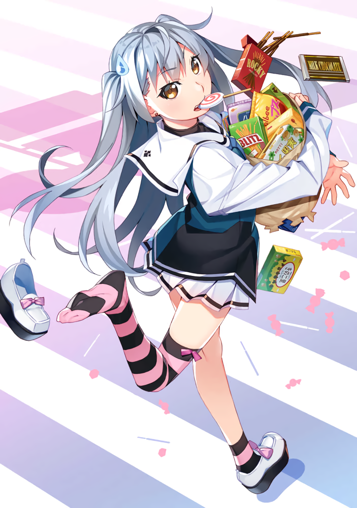 1girl asymmetrical_legwear bag candy chocolate chocolate_bar dropping eyebrows_visible_through_hair food full_body grisaia_(series) grisaia_phantom_trigger grocery_bag holding holding_bag lollipop long_hair long_sleeves looking_at_viewer looking_back mouth_hold official_art pleated_skirt pocky running shishigaya_touka shoes_removed shopping_bag silver_hair skirt solo striped striped_legwear sweatdrop two_side_up watanabe_akio