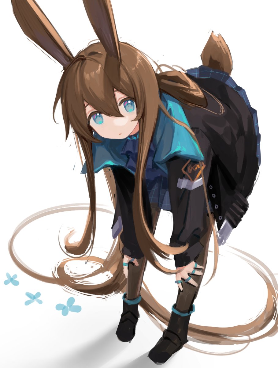 1girl amiya_(arknights) animal_ears arknights ascot bent_over black_footwear black_jacket black_legwear blue_eyes blue_neckwear blue_shirt blue_skirt brown_hair bunny_tail fei_(songyijie) hands_on_own_legs highres jacket jewelry long_hair long_ponytail looking_at_viewer multiple_rings pantyhose plaid plaid_skirt rabbit_ears ring shirt short_hair_with_long_locks simple_background skirt solo tail thumb_ring very_long_hair white_background