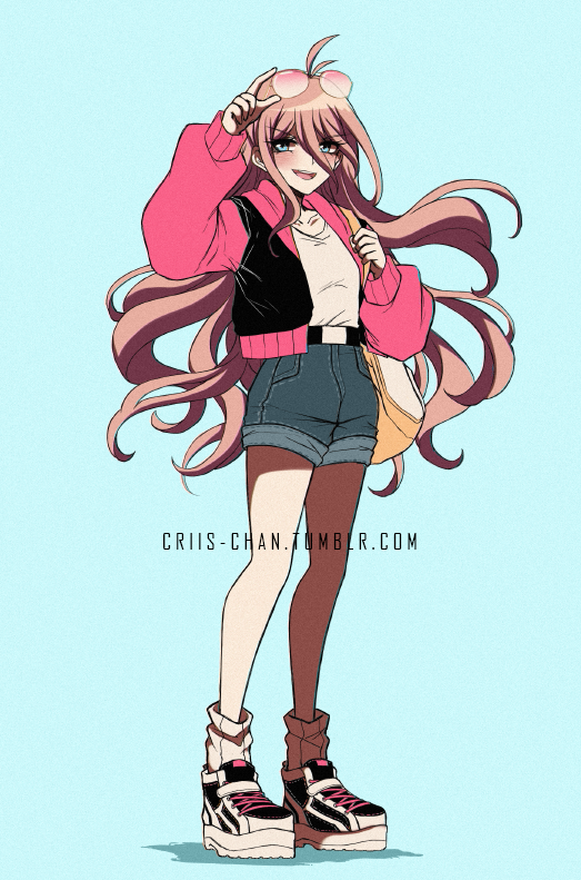 1girl :d antenna_hair arm_up backpack bag bangs belt black_belt black_footwear black_jacket blonde_hair blue_background brown_background collarbone commentary criis-chan dangan_ronpa denim denim_shorts eyewear_on_head full_body glasses hair_between_eyes iruma_miu jacket long_hair long_sleeves looking_at_viewer new_dangan_ronpa_v3 open_clothes open_jacket open_mouth pink_jacket shirt shoes shorts simple_background smile sneakers socks solo standing symbol_commentary twitter_username white_footwear white_shirt