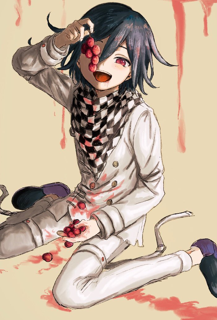 1boy arm_up bangs black_footwear black_hair checkered checkered_neckwear checkered_scarf dangan_ronpa food fruit grapes hair_between_eyes holding holding_food holding_fruit liquid long_sleeves male_focus new_dangan_ronpa_v3 ouma_kokichi pants renshu_usodayo scarf simple_background sitting solo straitjacket violet_eyes