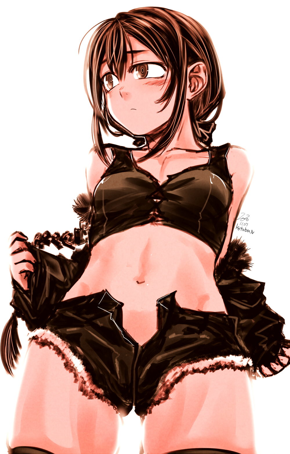 1girl black_jacket black_shorts black_tank_top blush braid brown_eyes brown_hair closed_mouth crop_top dated fur-trimmed_shorts fur_trim highres jacket kotoba_noriaki long_hair long_sleeves looking_to_the_side navel open_clothes open_shorts original removing_jacket ringed_eyes short_shorts shorts signature simple_background single_braid solo tank_top thigh-highs undressing white_background