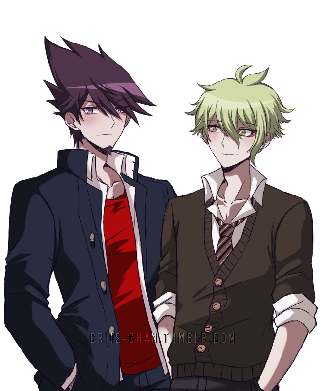 2boys alternate_costume amami_rantarou antenna_hair bangs black_jacket black_pants brown_pants closed_mouth collarbone collared_shirt commentary criis-chan dangan_ronpa diagonal-striped_neckwear diagonal_stripes english_commentary facial_hair goatee green_eyes green_hair hair_between_eyes hands_in_pockets jacket looking_at_another looking_at_viewer male_focus momota_kaito multiple_boys necktie new_dangan_ronpa_v3 open_clothes open_collar open_jacket pants red_shirt school_uniform shirt simple_background sleeves_rolled_up spiky_hair striped striped_neckwear upper_body violet_eyes white_shirt