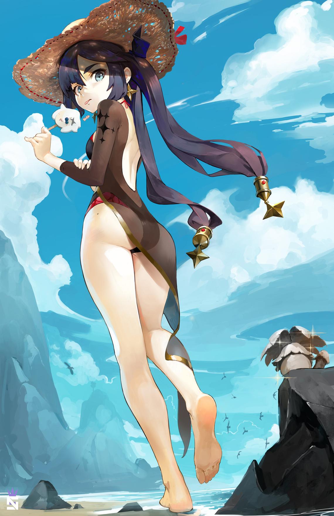 1girl animal aqua_eyes ass bangs barefoot beach bird black_hair black_swimsuit blue_sky clouds cloudy_sky day earrings food full_body genshin_impact hair_ornament hat highres holding holding_food jewelry long_hair looking_at_viewer looking_back mole mole_on_ass mona_(genshin_impact) nikusenpai one-piece_swimsuit outdoors popsicle see-through shore simple_background sky solo sun_hat swimsuit thighs tied_hair toes wat water