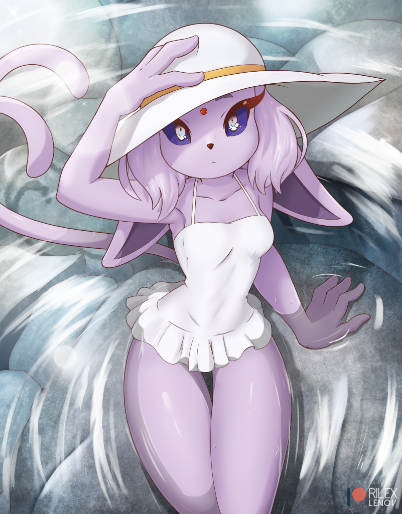 1girl animal_ears animal_nose artist_name breasts closed_mouth clothing_request collarbone commentary english_commentary espeon forehead_jewel forked_tail gen_2_pokemon hand_on_headwear long_hair looking_at_viewer looking_up medium_breasts original partially_submerged patreon_username pokemon purple_fur purple_hair purple_sclera rilex_lenov sitting solo tail tamaki_(rilex_lenov) water white_eyes white_headwear