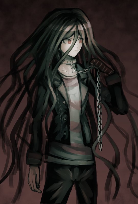 1boy black_hair chain collar cosplay dangan_ronpa expressionless eyes_visible_through_hair gloves hair_between_eyes holding holding_chain jacket kamukura_izuru komaeda_nagito komaeda_nagito_(cosplay) komatsuzaki_rui_(style) long_hair long_sleeves looking_away male_focus messy_hair open_clothes open_jacket oven_mitts red_background red_eyes shirt single_glove solo spoilers standing striped striped_shirt very_long_hair wamigakiko zettai_zetsubou_shoujo