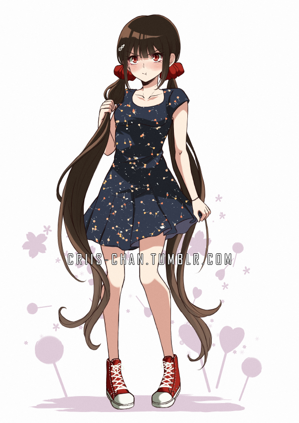 1girl alternate_costume arm_at_side bangs bare_arms blunt_bangs blush breasts brown_hair closed_mouth collarbone criis-chan dangan_ronpa dress frown full_body hair_ornament harukawa_maki holding holding_hair long_hair looking_at_viewer low_twintails mole new_dangan_ronpa_v3 pout print_dress red_eyes red_footwear red_scrunchie scrunchie shoes short_sleeves small_breasts sneakers solo space_print standing starry_sky_print symbol_commentary twintails very_long_hair white_footwear