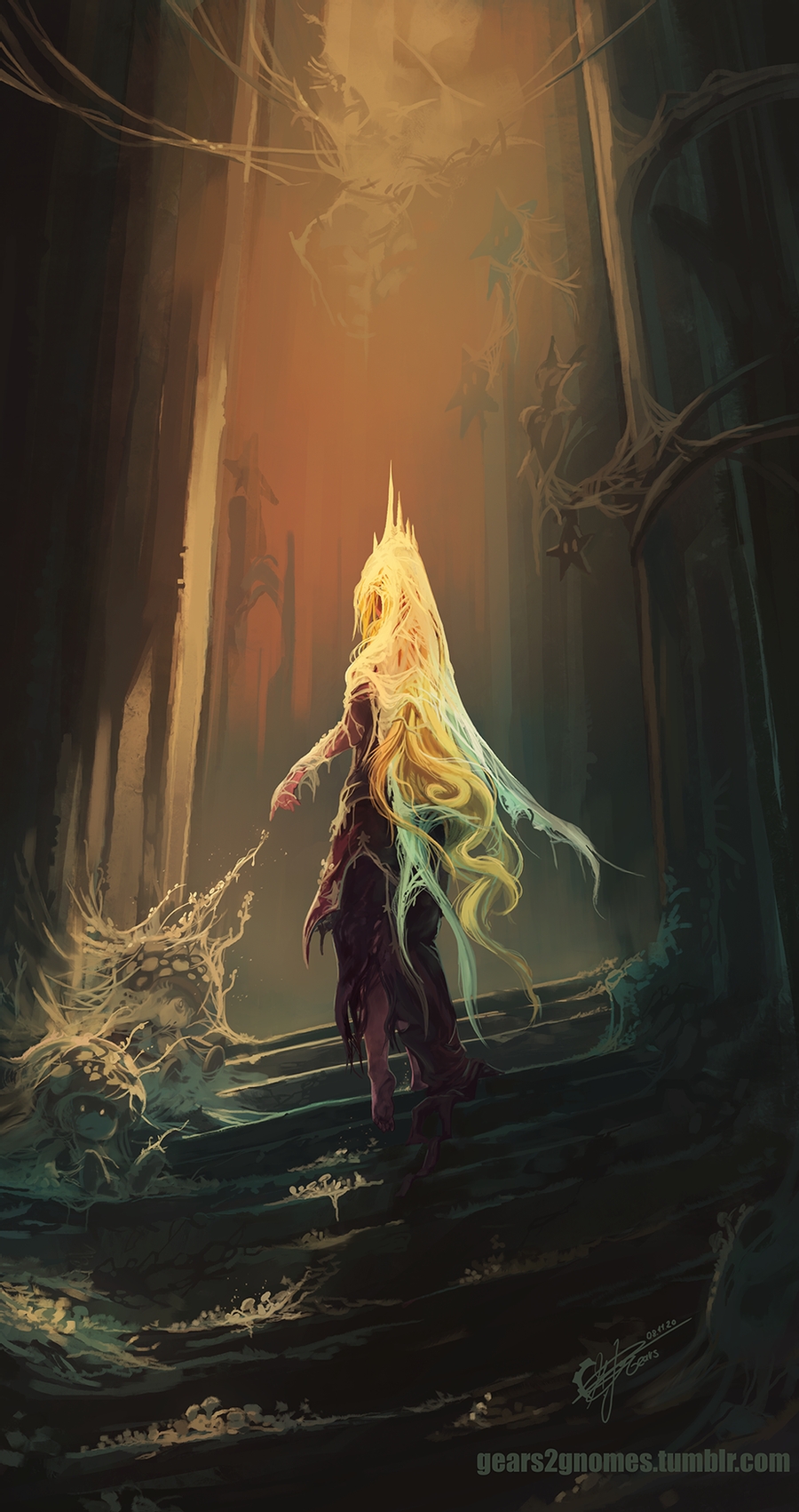 alternate_universe barefoot blonde_hair bloodborne crown dress fungus gears2gnomes highres long_hair super_mario_bros. parody pointing princess_peach silk spider_web stairs standing toad torn_clothes torn_dress very_long_hair