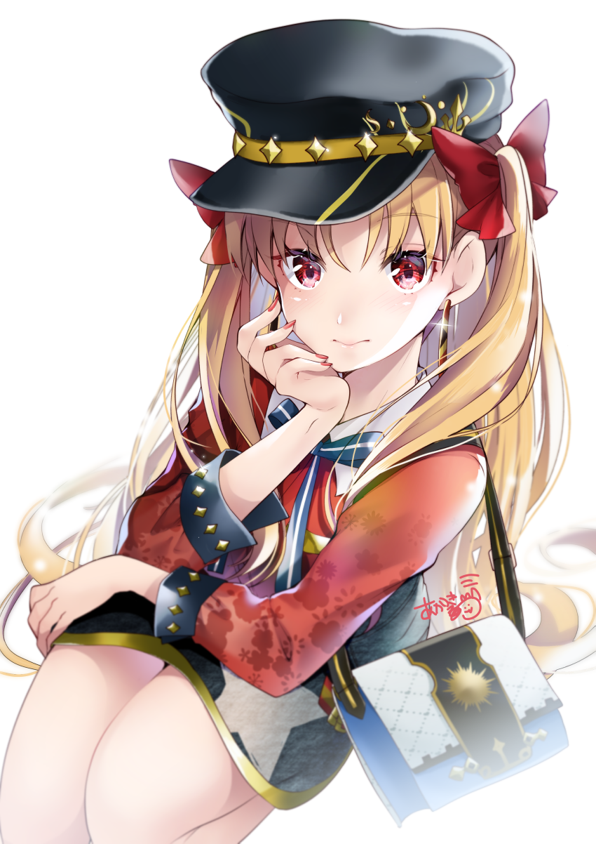 1girl akatsuki_hijiri bag bangs black_headwear black_skirt blonde_hair bow bowtie ereshkigal_(fate/grand_order) eyebrows_visible_through_hair fate/grand_order fate_(series) hair_bow hair_ribbon hand_on_own_chin handbag hat highres long_hair long_sleeves peaked_cap red_bow red_eyes red_shirt ribbon shirt simple_background skirt solo star_(symbol) two_side_up under_the_same_sky very_long_hair white_background