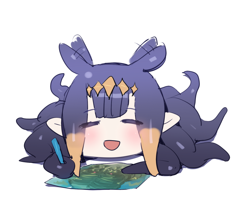 1girl :d =_= blush bow_(bhp) cthulhu cthulhu_mythos drawing ear_wiggle facing_viewer holding hololive hololive_english lying ninomae_ina'nis on_stomach open_mouth pointy_ears purple_hair simple_background smile solo tentacle_hair tentacles white_background
