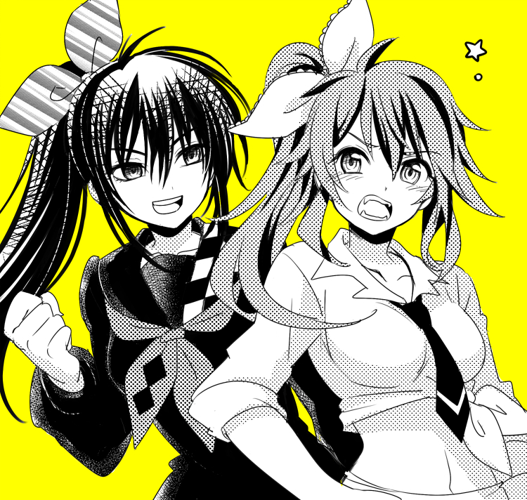 2girls alternate_hairstyle aosa_(michikusakan) black_hair black_neckwear black_shirt breasts clenched_hand collarbone eyebrows_visible_through_hair fangs hair_between_eyes kamio_yui long_hair long_sleeves looking_at_viewer medium_breasts monochrome multiple_girls navel necktie open_clothes open_shirt ponytail sailor_collar school_uniform shirt sleeves_rolled_up smile tied_hair tied_shirt white_shirt yellow_background yui_kamio_lets_loose