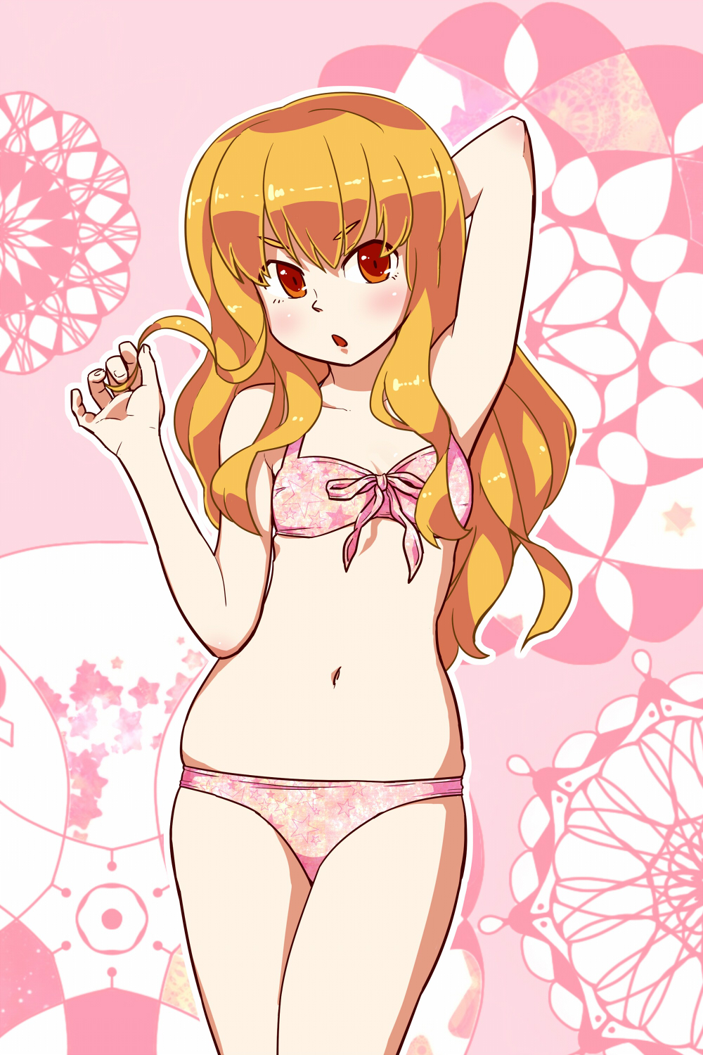 1girl :o arm_behind_head bangs blonde_hair blush bow bow_bra bra breasts cowboy_shot eyebrows_visible_through_hair highres long_hair orange_hair panties patterned_background pink_background pink_bra pink_panties sekaiju_no_meikyuu sekaiju_no_meikyuu_3 small_breasts solo tenjin underwear underwear_only white_background zodiac_(sekaiju)