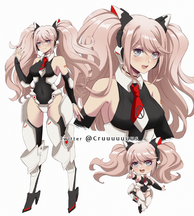 1girl alternate_costume animal_ears bangs bare_shoulders black_choker black_legwear black_leotard blush boots breasts cat_ears chibi choker clothing_request commentary covered_navel criis-chan cropped_torso dangan_ronpa dangan_ronpa_1 detached_sleeves enoshima_junko fake_animal_ears full_body hand_up headgear high_heel_boots high_heels leotard light_brown_hair long_hair looking_at_viewer medium_breasts multiple_views necktie open_mouth red_nails red_neckwear short_necktie shoulder_tattoo simple_background tagme tattoo thigh-highs thighs twintails twitter_username upper_teeth white_background white_neckwear
