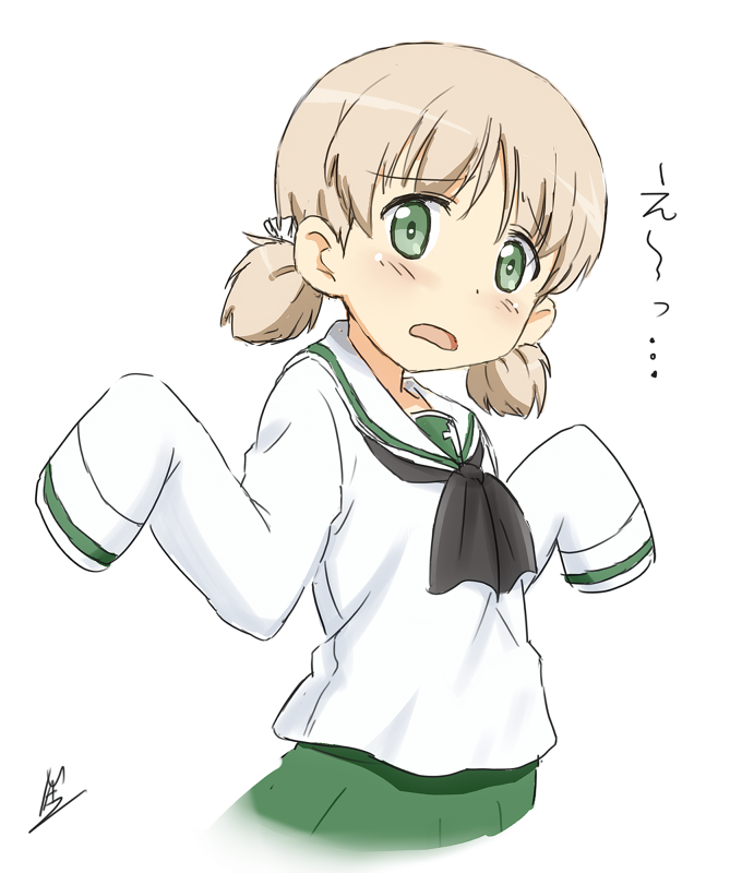 1girl aki_(girls_und_panzer) bangs black_neckwear blush cowboy_shot eyebrows_visible_through_hair girls_und_panzer green_eyes green_skirt hair_tie light_brown_hair long_sleeves looking_at_viewer ma-2_(konkon_kitakitsune) neckerchief ooarai_school_uniform open_mouth pleated_skirt sailor_collar school_uniform serafuku short_hair short_twintails signature simple_background skirt solo translation_request twintails uniform white_background white_sailor_collar