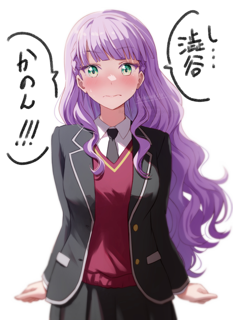 1girl bangs blunt_bangs blush braid breasts commentary embarrassed green_eyes long_hair looking_at_viewer love_live! love_live!_superstar!! medium_breasts purple_hair shamakho side_braids signature solo speech_bubble sweat translation_request tsundere watermark wavy_hair white_background wien_margarete
