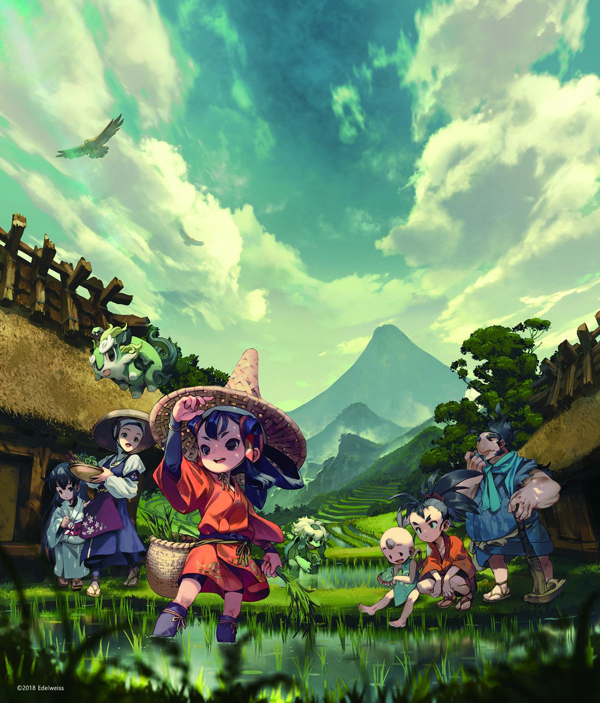 3boys 3girls apron artist_request bald barefoot basket bird black_eyes black_hair clouds cloudy_sky day field grass green_eyes hair_rings hair_tubes hat highres hoe japanese_clothes kaimaru kappa kimono kinta_(tensui_no_sakuna-hime) long_hair mountain multiple_boys multiple_girls muscle myrthe non-web_source official_art outdoors ponytail rice_hat rice_paddy rice_planting sakuna-hime sandals scenery sitting sky source_request squatting standing tama-jii tauemon tensui_no_sakuna-hime wading water yui_(tensui_no_sakuna-hime)