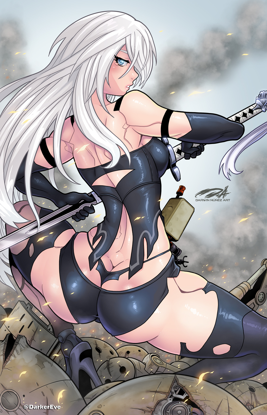 1girl after_battle ass black_gloves black_legwear black_shorts blue_eyes breasts butt_crack commentary darwin_nunez drone elbow_gloves english_commentary from_behind gloves high_heels highres holding holding_sword holding_weapon katana long_hair looking_back machine_(nier) medium_breasts mismatched_legwear nier_(series) nier_automata pod_(nier_automata) sheer_legwear short_shorts shorts sideboob silver_hair solo_focus spread_legs squatting sword thigh-highs weapon yorha_type_a_no._2