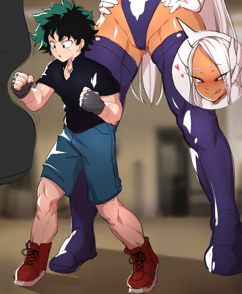 1boy 1girl age_difference animal_ears ari_(ariel_lopez550) black_gloves black_shirt blurry blurry_background blush boku_no_hero_academia dark_skin dark-skinned_female english_commentary fingerless_gloves freckles gloves green_eyes green_hair groin hands_on_hips heart height_difference hetero legs leotard licking_lips long_hair looking_at_another midoriya_izuku mirko naughty_face nose_blush punching punching_bag rabbit_ears rabbit_girl red_eyes shirt shoes short_hair short_sleeves shorts sneakers sweat thick_thighs thigh-highs thighs tongue tongue_out white_gloves white_hair you_gonna_get_raped