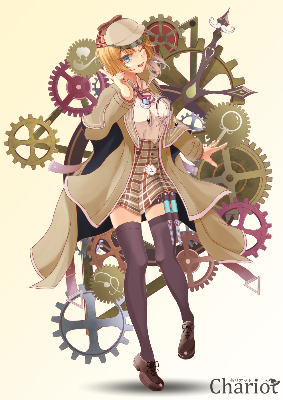 1girl :d bangs black_legwear blonde_hair blue_eyes breasts brown_coat brown_footwear brown_headwear coat collar collared_shirt dark_skin full_body gears gradient gradient_background hair_ornament hat highres hololive hololive_english holster long_sleeves looking_at_viewer medium_breasts medium_hair mihamahituzi0828 monocle necktie one_eye_closed open_mouth plaid plaid_skirt pleated_skirt pocket_watch red_neckwear shirt shirt_tucked_in skirt smile solo stethoscope syringe thigh-highs thigh_holster upper_body virtual_youtuber watch watson_amelia white_collar white_shirt