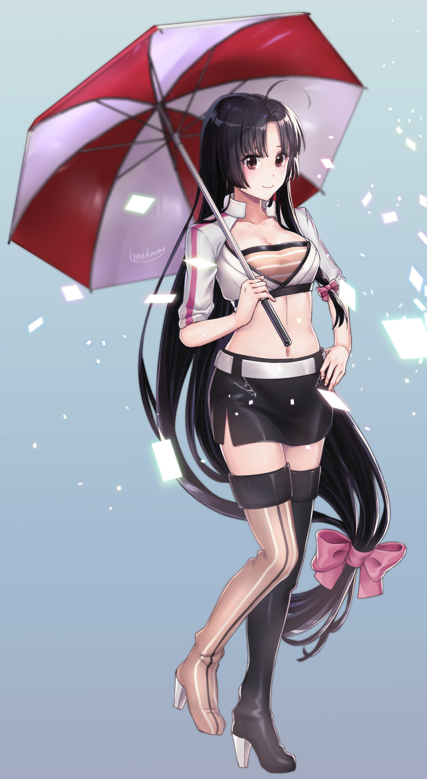 1girl ahoge alternate_costume bandeau black_footwear black_hair black_skirt boots breasts brown_eyes brown_footwear cropped_jacket full_body high_heel_boots high_heels highres holding holding_umbrella jacket kantai_collection long_hair low-tied_long_hair medara medium_breasts midriff miniskirt mismatched_footwear navel pencil_skirt racequeen shouhou_(kantai_collection) shrug_(clothing) skirt smile solo standing straight_hair striped_footwear thigh-highs thigh_boots umbrella very_long_hair white_jacket