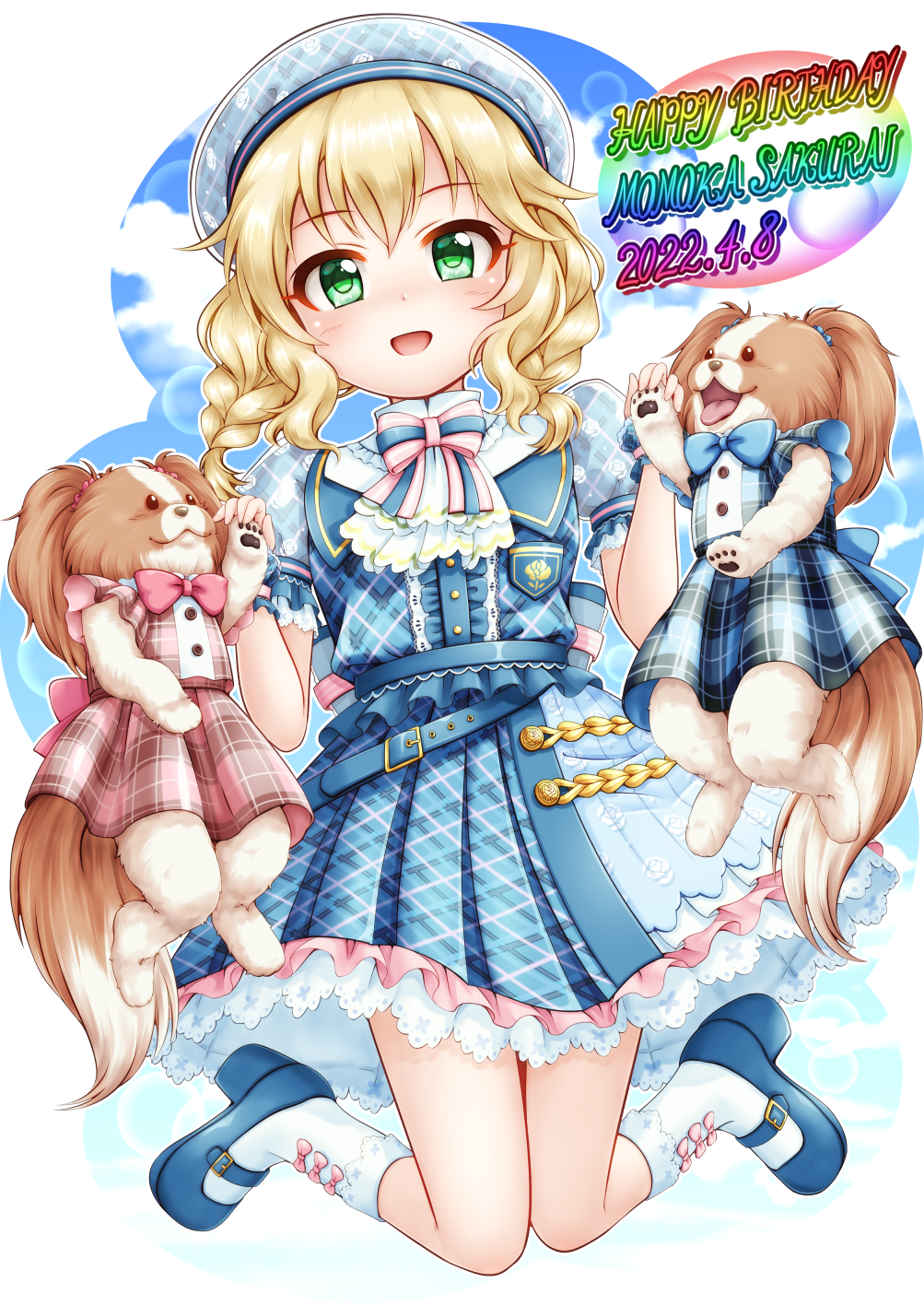 1girl :d animal bangs belt belt_buckle beret blonde_hair blue_belt blue_bow blue_bowtie blue_dress blue_footwear blue_headwear blue_shirt blue_skirt blush bobby_socks bow bowtie braid buckle character_name clothed_animal commentary_request dated dog dog_request dress eyebrows_visible_through_hair full_body green_eyes happy_birthday hat high_heels highres idolmaster idolmaster_cinderella_girls idolmaster_cinderella_girls_starlight_stage long_hair looking_at_viewer pink_bow pink_bowtie pink_dress plaid plaid_dress plaid_shirt plaid_skirt pleated_dress pleated_skirt puffy_short_sleeves puffy_sleeves regular_mow sakurai_momoka shirt shoes short_sleeves skirt smile socks solo tongue tongue_out twin_braids white_legwear