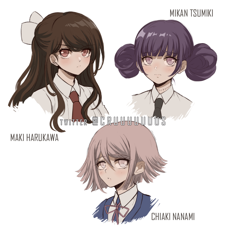 3girls bangs black_neckwear blush brown_hair character_name closed_mouth collared_shirt commentary concept_art criis-chan cropped_shoulders dangan_ronpa double_bun grey_shirt hair_between_eyes hair_ribbon harukawa_maki jacket long_hair looking_at_viewer multiple_girls nanami_chiaki necktie new_dangan_ronpa_v3 official_alternate_costume pink_eyes pink_ribbon prototype purple_hair red_neckwear ribbon shirt short_hair simple_background super_dangan_ronpa_2 tsumiki_mikan twitter_username white_background