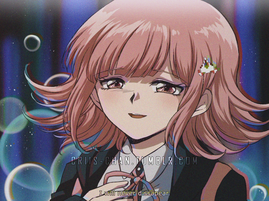 1990s_(style) 1girl backpack bag bangs black_jacket black_shirt blush brown_hair close-up collared_shirt commentary criis-chan dangan_ronpa dress_shirt eyebrows_visible_through_hair face hair_ornament hairclip hand_on_own_chest hand_up jacket long_sleeves medium_hair nanami_chiaki neck_ribbon open_clothes open_jacket open_mouth pink_ribbon ribbon shirt smile spoilers subtitled super_dangan_ronpa_2 twitter_username upper_teeth