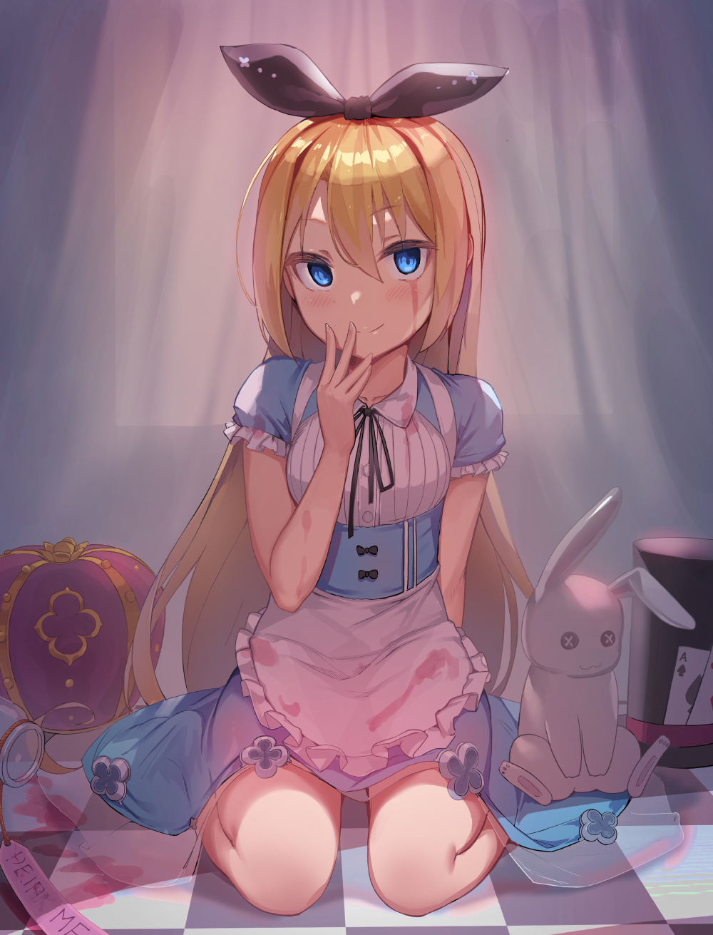 1girl ace_of_spades alice_(wonderland) alice_in_wonderland animal apron bangs black_headwear black_ribbon blonde_hair blood bloody_clothes bloody_tears blue_dress blue_eyes blush button_eyes card checkered checkered_floor closed_mouth crown curtains dress drink_me eyebrows_visible_through_hair frilled_apron frilled_sleeves frills hair_between_eyes hair_ribbon hand_to_own_mouth hand_up hat highres long_hair looking_at_viewer newey playing_card rabbit ribbon see-through short_sleeves sitting smile solo spade_(shape) top_hat transparent very_long_hair waist_apron wariza white_apron window x_x