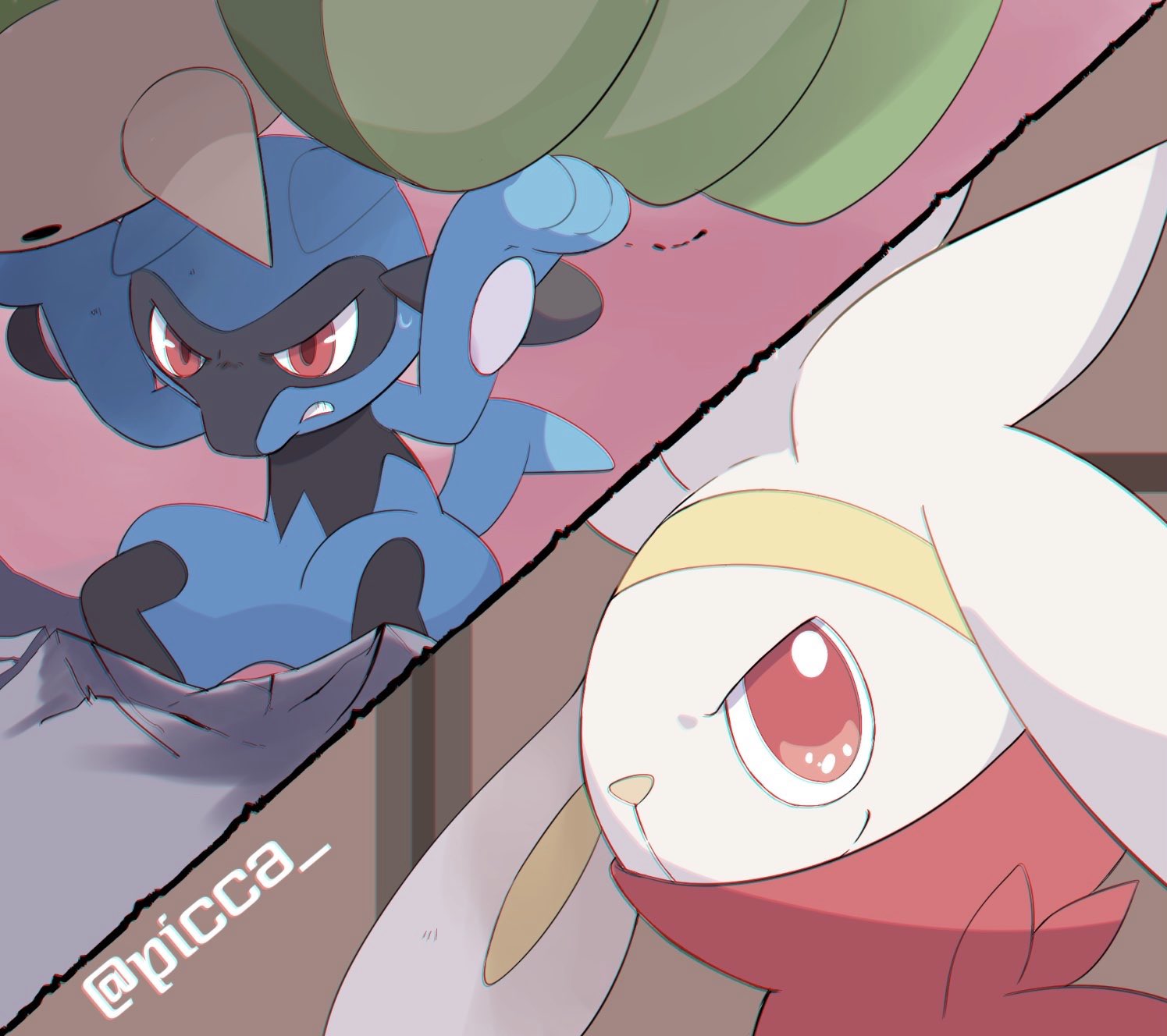 arms_up artist_name clenched_teeth closed_mouth commentary_request copperajah ferrothorn gen_4_pokemon gen_5_pokemon gen_8_pokemon highres indoors looking_at_viewer mei_(maysroom) pokemon pokemon_(anime) pokemon_(creature) pokemon_swsh_(anime) raboot red_eyes riolu smile squatting sweat teeth watermark