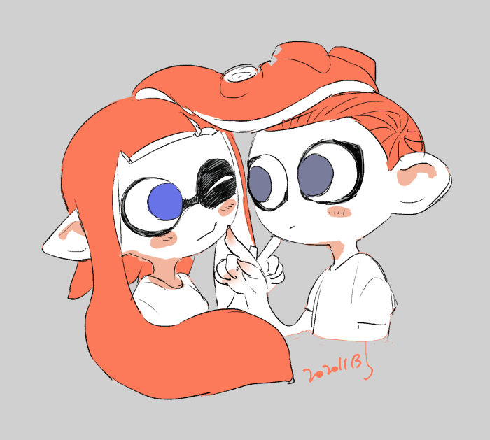 1boy 1girl banonefans blue_eyes blush_stickers cheek_poking closed_mouth commentary dated domino_mask grey_background grey_eyes inkling limited_palette long_hair looking_at_another mask octoling one_eye_closed orange_hair pale_skin pointy_ears poking shirt short_sleeves simple_background splatoon_(series) splatoon_2 symbol_commentary symmetry t-shirt tentacle_hair white_shirt