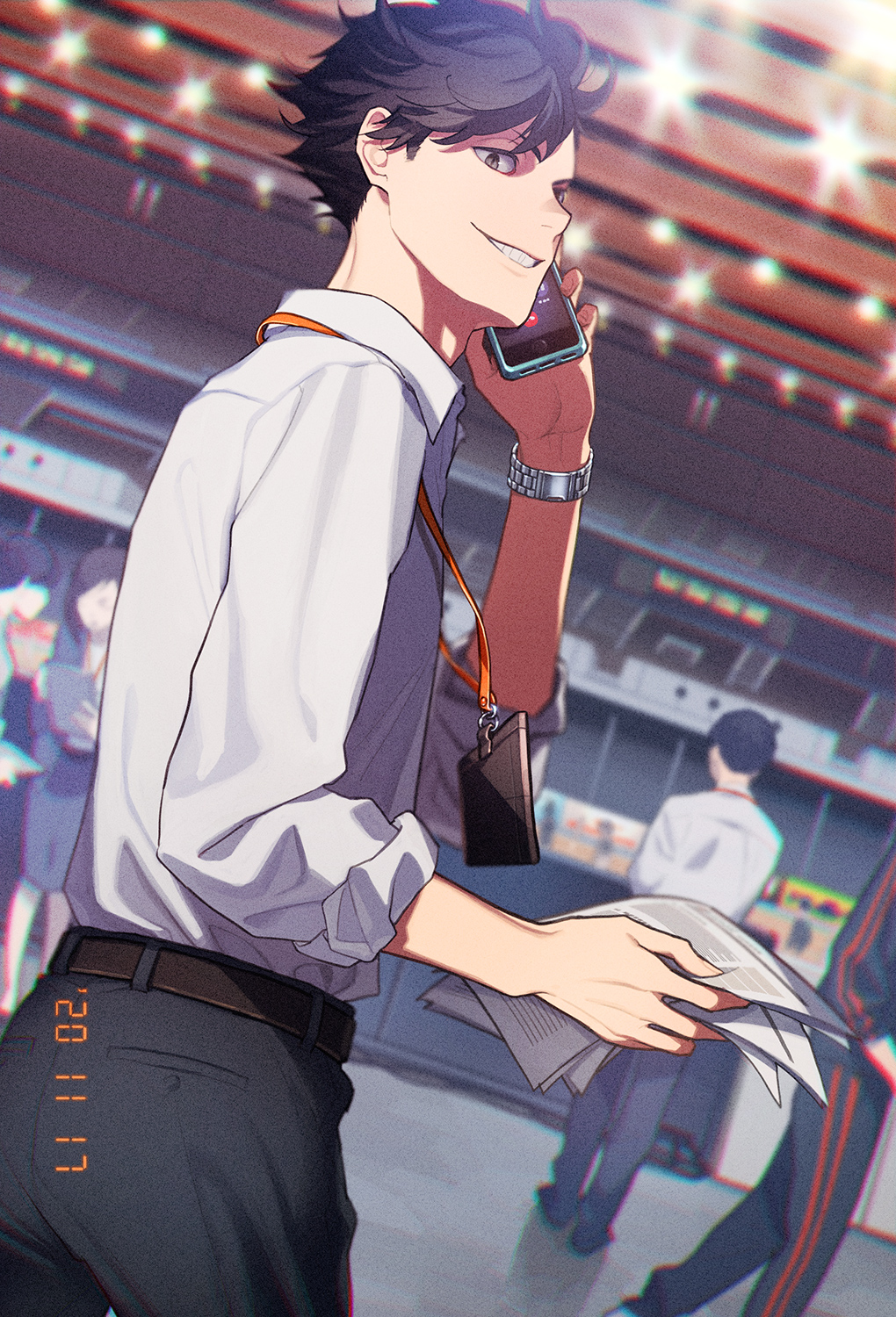 1girl 1other 3boys bangs belt black_eyes black_hair black_pants collared_shirt cowboy_shot dated dress_shirt formal grin haikyuu!! hand_up highres holding holding_paper holding_phone id_card indoors kuroo_tetsurou lanyard looking_at_viewer male_focus multiple_boys pants paper papers phone profile shirt short_hair sleeves_rolled_up smile solo_focus track_suit vgmt watch watch white_shirt
