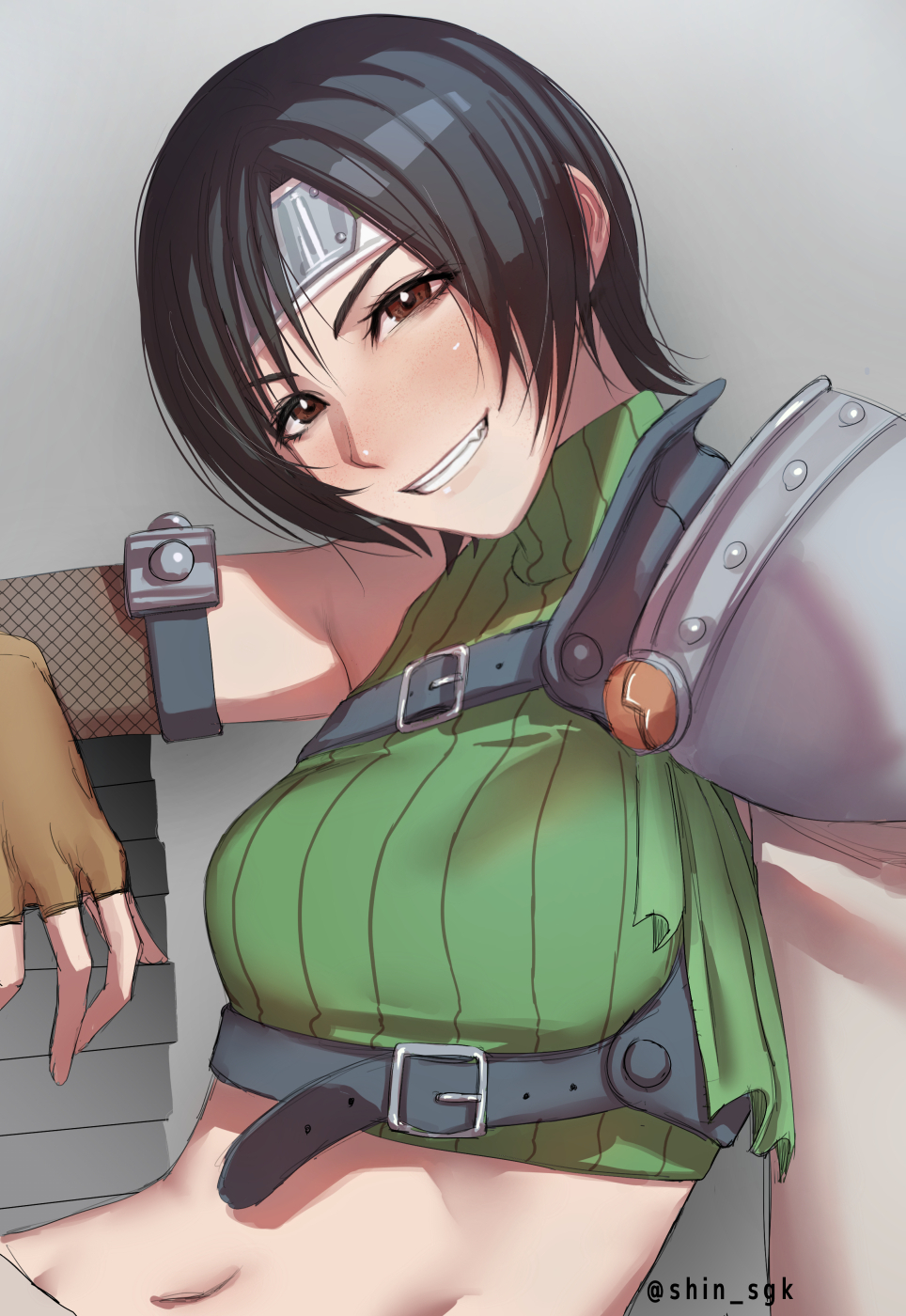 1girl :d armor bangs bare_shoulders black_hair bob_cut breasts brown_eyes brown_gloves crop_top fingerless_gloves fishnets gloves green_sweater grey_background grin headband highres looking_at_viewer medium_breasts midriff navel open_mouth ribbed_sweater sgk short_hair sitting sleeveless sleeveless_turtleneck smile solo sweater turtleneck twitter_username upper_body yuffie_kisaragi