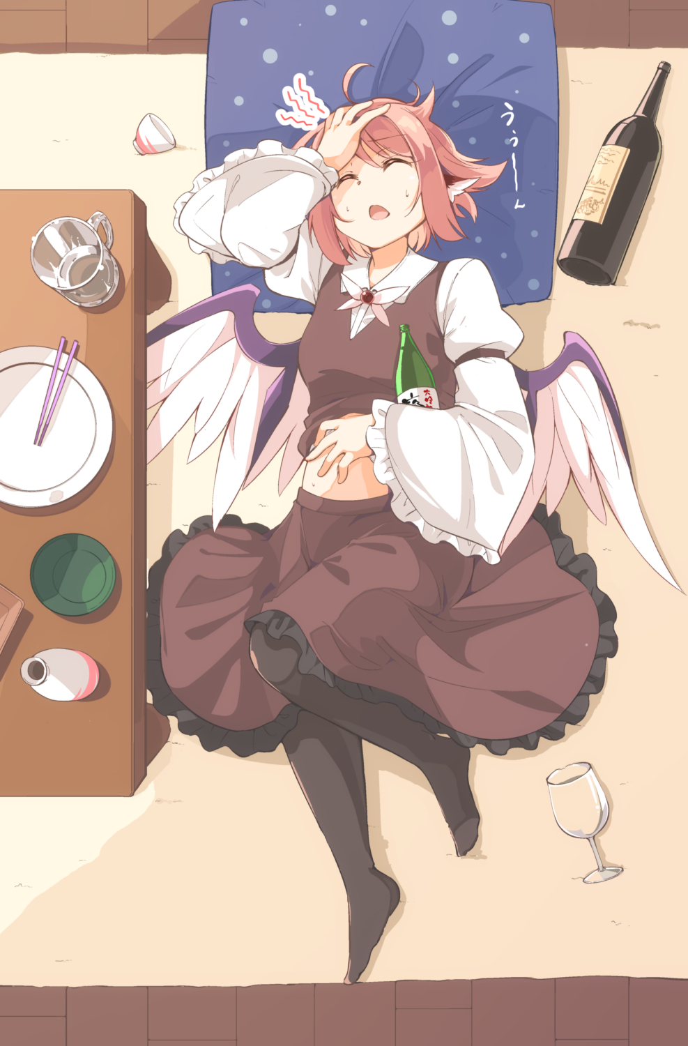 1girl ahoge arm_belt beer_mug bird_wings black_legwear bottle bowl brooch brown_skirt brown_vest carpet choko_(cup) chopsticks closed_eyes commentary_request cup cushion drinking_glass feathered_wings from_above hand_on_own_forehead hand_on_own_stomach hangover head_on_pillow highres holding holding_bottle jewelry juliet_sleeves long_sleeves lying moja_(moja4192) mug mystia_lorelei no_hat no_headwear no_shoes on_back on_floor open_mouth pantyhose pink_hair plate puffy_sleeves sake_bottle shirt short_hair skirt solo sweat table tokkuri touhou uu~ vest vest_lift white_shirt wide_sleeves wine_bottle wine_glass wings wooden_floor zabuton