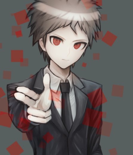 1boy black_neckwear brown_hair collared_shirt dangan_ronpa expressionless finger_gun formal hinata_hajime kamukura_izuru komatsuzaki_rui_(style) necktie shirt short_hair simple_background solo spoilers square suit super_dangan_ronpa_2 super_dangan_ronpa_2.5_komaeda_nagito_to_sekai_no_hakaimono wamigakiko